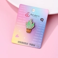 Detail of a green plant enamel pin fixed on a colorful decorative brand display card - Potted Plant Shape (092)
