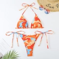 Ensemble bikini licou pour femme avec imprimé camouflage abstrait et liens latéraux - Orange