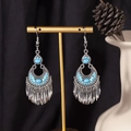 Bohemian retro silver tassel earrings featuring sky blue beads and ethnic drop design - S4287-1 Blue Seed Bead Tassel Earrings