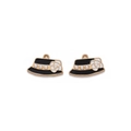 Detail of hat-shaped alloy charms with black enamel, white camellia and pearl accents - Hat