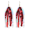 Detail of long tassel earrings with red, white, pink and blue sequins and gold hooks - Red/White/Pink/Blue