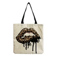 Close-up of beige canvas tote bag showing coarse texture and leopard lip print detail - Leopard Lip Pattern (hm2698)