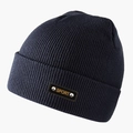 Navy blue ribbed knit beanie with brown leather SPORT patch for winter outdoor activities - Dark Gray
