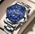 Business men's automatic mechanical watch with skeleton blue dial and steel strap - Silver Steel Blue Face