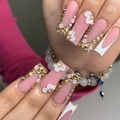 Long pink press-on nails with 3D floral accents, gold rhinestones, and French tip design - Bz1452 Golden Lotus / Jelly Glue + Nail File