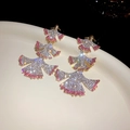 Macro shot of luxury fan-shaped earrings with pink and white crystal tassels - S925 Silver Pin - Pink Fan Shaped Ginkgo Leaf