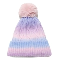 Close-up of cable knit texture and faux fur pom-pom on gradient colorful beanie - M (56-58cm) / Purple Pink Blue Gradient (G)