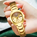 Elegant gold quartz watch for women with dual calendar and sparkling diamond indices - Gold Band Gold Dial