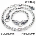 Silver stainless steel jewelry set with snake head clasp and rectangle link chain - Snake Head Style (KS217053-Z) / Bracelet 200x9mm+Necklace 600x9mm