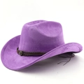 Detail of purple faux suede cowboy hat with braided brown band and vintage buckle - M (56-58cm) / Taro Purple