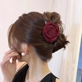 Elegant burgundy rose flower hair clip for bun and braid styling on a female model - Hair Claw / Wine Red Transparent Rose Claw