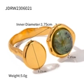 Golden irregular ring with green oval stone and smooth metal plate in 1.75cm diameter - Green Raw Stone Geometric Open Ring(JDRW2306021)