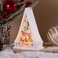 Nahaufnahme einer weißen Weihnachts-Laterne mit Weihnachtsmann- und Rentier-Illustrationen - Weihnachtsbaum