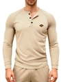 Beiges Herren Henley-Shirt aus Waffelstrick mit Raglanärmeln und Knöpfen am Hals - S / Khaki