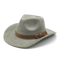 Detail of western fedora hat featuring brown leather band with gold buckle and fringe - M(56-59CM) / Military Green (Suede)