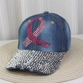 Close-up of denim baseball cap with pink rhinestone ribbon and sparkling silver brim - No.19/Light Blue Denim/Pink Ribbon