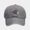 Detail of vintage washed cotton grey baseball cap with a funny black cat What? embroidery - Adjustable / Gray