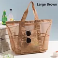 Large brown mesh travel beach tote bag with multiple pockets and sturdy handles - Large / Brown