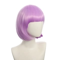 Close-up of purple short Bob wig with neat bangs on white mannequin head - Purple