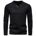 Heren slim fit zwart katoenen T-shirt met V-hals, borstzakje en dubbele knopen - M / Zwart