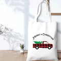 White canvas Christmas tote bag with vintage red buffalo plaid truck and tree design - SD-A-11/Arched Text Truck