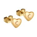 Polished golden heart stud earrings featuring an engraved letter C with butterfly backs - Letter C