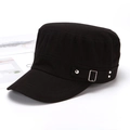 Classic black cotton flat top army cap with adjustable silver metal buckle detail - Adjustable / Black