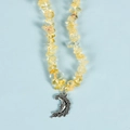 Irregular yellow crystal stone necklace with silver crescent moon face pendant - Citrine Moon