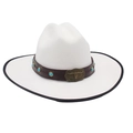 Cappello western bianco con fascia in pelle, perline turchesi e fibbia a testa di toro - Taglia unica / Bianco con bordo nero (Testa di toro turchese)