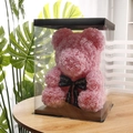 Pink PE foam rose bear in a transparent gift box with black ribbon for Valentines Day - Flower Bear+40CM Gift Box+Light / Light Pink