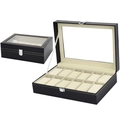 Black leather watch box with 12 slots, clear glass lid, and soft beige velvet lining - 12 Slots / Black/Beige Interior