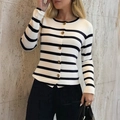 Elegant women's black and white striped knit cardigan with golden buttons and long sleeves - S / Black & White Stripes