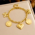 Vintage gold stainless steel chain bracelet with coins, bows and heart-shaped pendants - Vintage Coin and Bowknot Style (B1611)