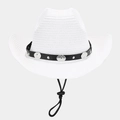 Close-up of white straw cowboy hat featuring black leather band and silver flower studs - White