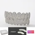 Silver iced out hip hop teeth grillz set with clear zircons and molding kit included - Silver Heart Fang