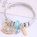 DIY stainless steel beaded bracelet featuring Turkish evil eye charms and pearl details - Lake Blue