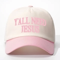 Detailed pink embroidery Y'ALL NEED JESUS text on off-white and pink baseball cap - Adjustable / Off-white and Pink