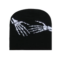 Hip hop style black knitted beanie featuring white skeleton hand jacquard pattern - Black & White