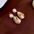 French vintage gold plated earrings with pearls and purple enamel flower bouquet - Golden Bouquet Pearl Drop Earrings (HE20922-2)