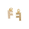 Golden letter F pendant with pearl inlay and metallic textured back on white background - Letter F