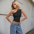 Sexy black one-shoulder tank top paired with light blue washed denim jeans for women - S / Black