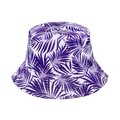 Detailed view of white bucket hat with vibrant purple tropical palm leaf pattern - White Base Purple Tropical Plant Print (17)