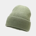 Detail view of sage green knit beanie with classic ribbed texture and folded cuff design - One Size / Light Green