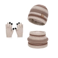 Kids winter knit set with striped beanie, neck warmer, and touch screen gloves in beige - Beige