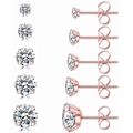 Set of five rose gold four-prong round zircon stud earrings in various sizes on white background - 6-Prong (MS-108) / 3mm / Rose Gold