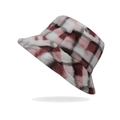 Close-up of pink and black plaid faux fur bucket hat with soft plush texture - L (58-60cm) / Red Plaid