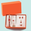Detailed luxury women's jewelry set with quartz watch and red crystals in orange gift box - Gold/Red Set 1