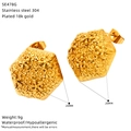 Macro shot of 18k gold plated hexagon earrings with floral relief and size dimensions - Hexagon Flower Texture (SE478G)