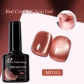 Detail of red cat eye gel polish with silver shimmer, 7.5ml bottle and brush applicator - Crimson Cat Eye MY12