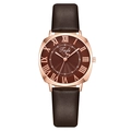 Montre à quartz pour femme avec cadran marron foncé, chiffres romains rose doré et bracelet cuir - Café